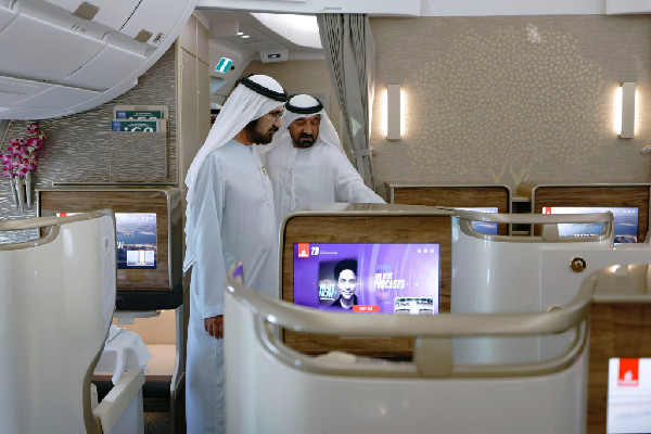 Sheikh Mohammed Reviews Emirates A350 Aircraft